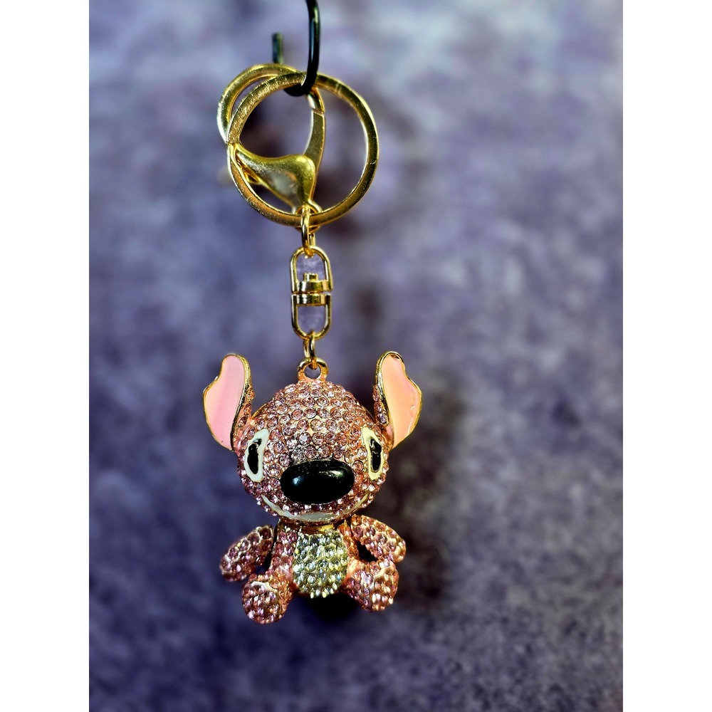 Disney Stitch Pink Rhinestone Crystal Keychain Gold Tone Bag Charm Lilo & Stitch